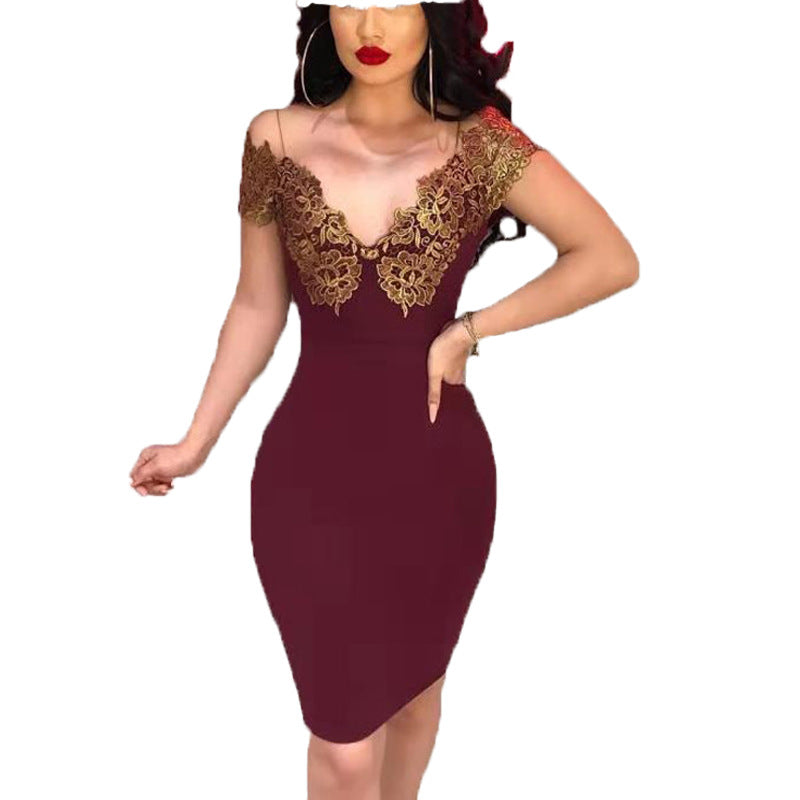 Damen Cocktailkleid Spitzenärmel V-Ausschnitt