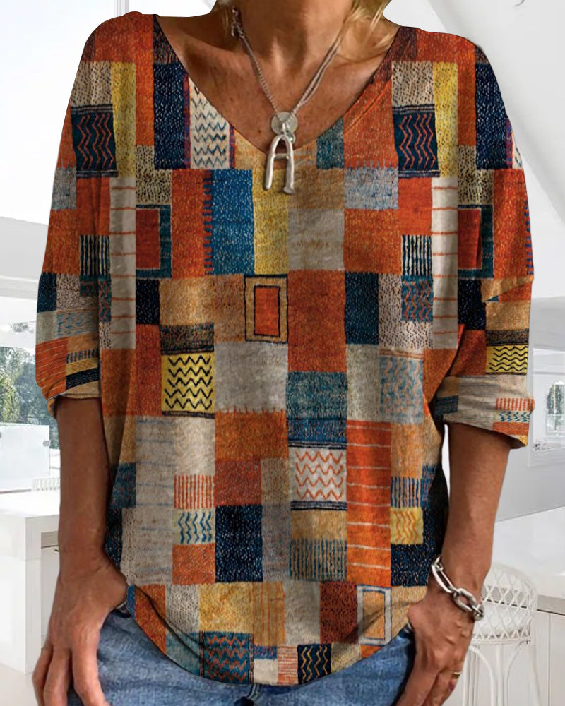 Damen Oberteil V-Ausschnitt Patchwork Print