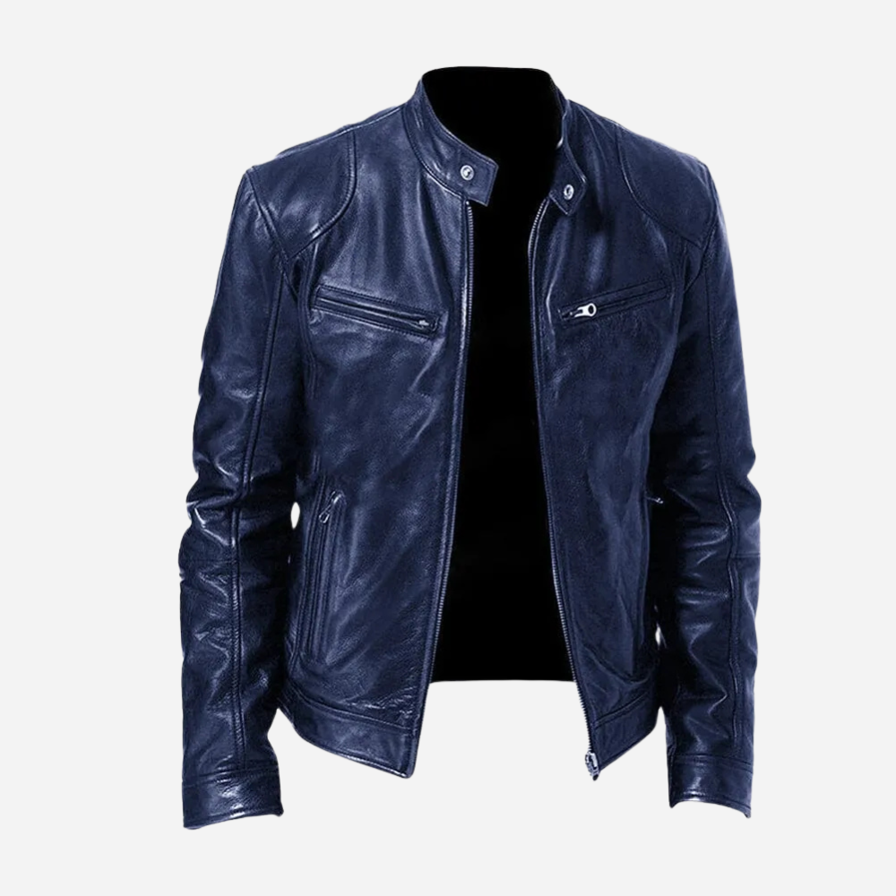 Herren Lederjacke Biker-Style Dunkelblau
