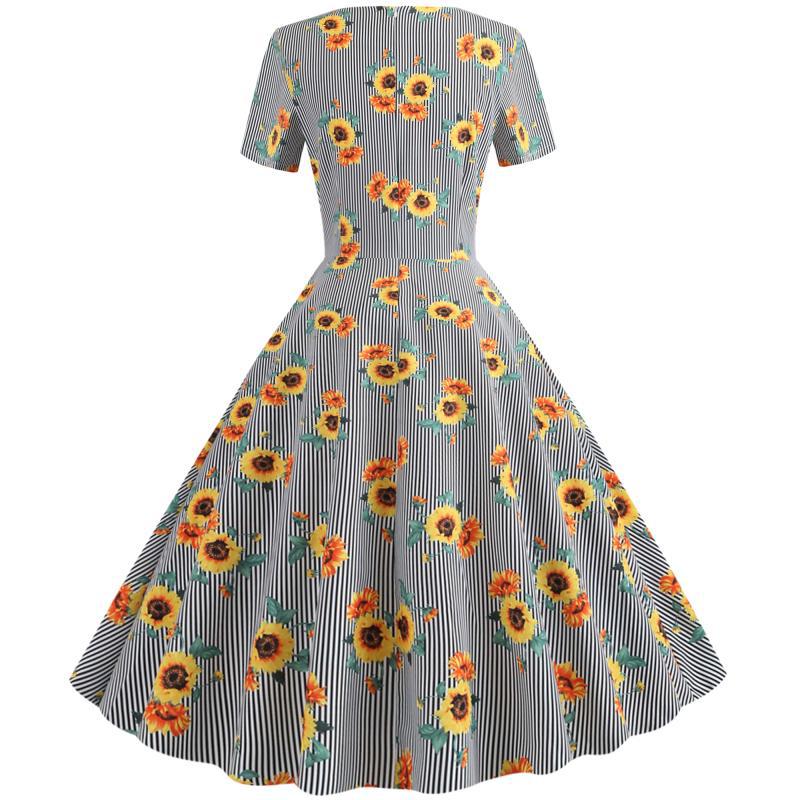 Damen Retro Swingkleid Florales Sonnenblumenmuster Tailliert Norvielle