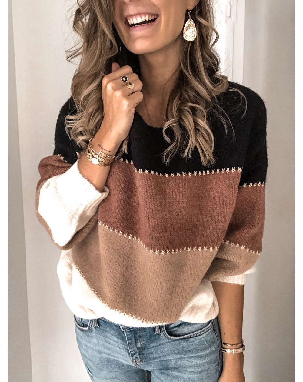 Damen Strickpullover Modernes Farbblock Muster Lässiger Schnitt
