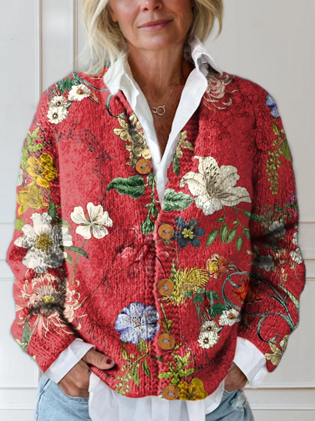 Damen Cardigan Weicher Strick Floral Muster Beige - Norvielle