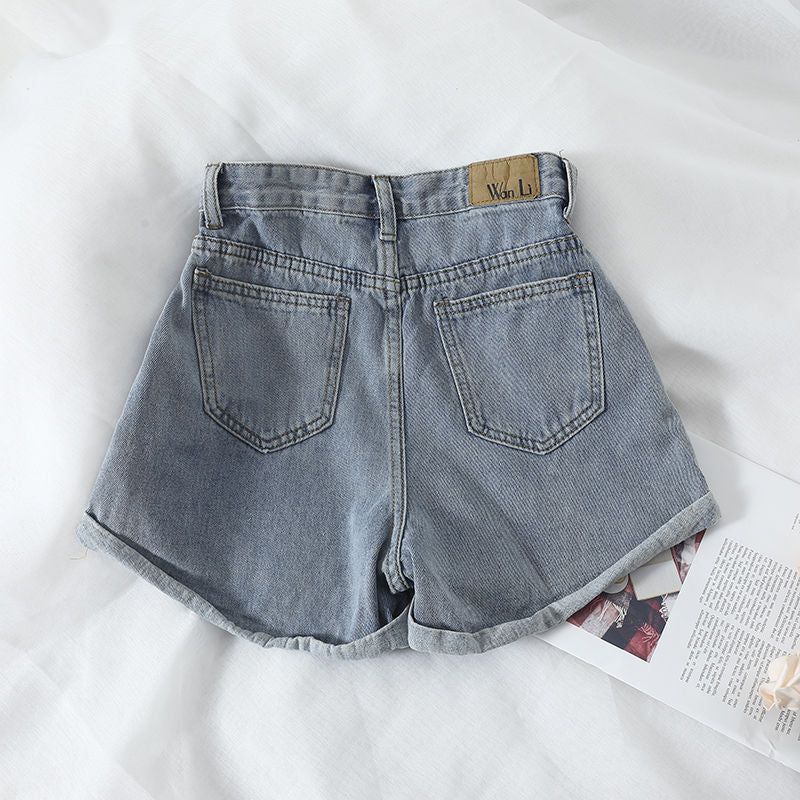 Damen High-Waist Denim-Shorts Elastisch Umschlagbarer Saum
