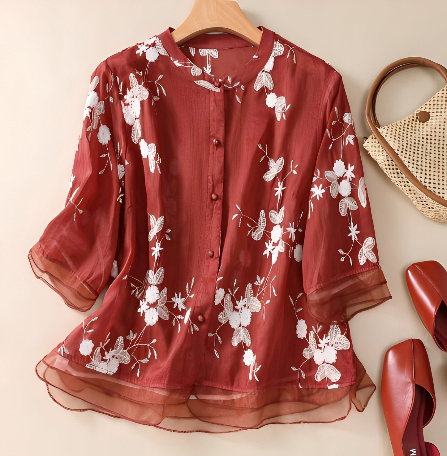 Elegante Damenbluse Gestickte Blumen Weiss