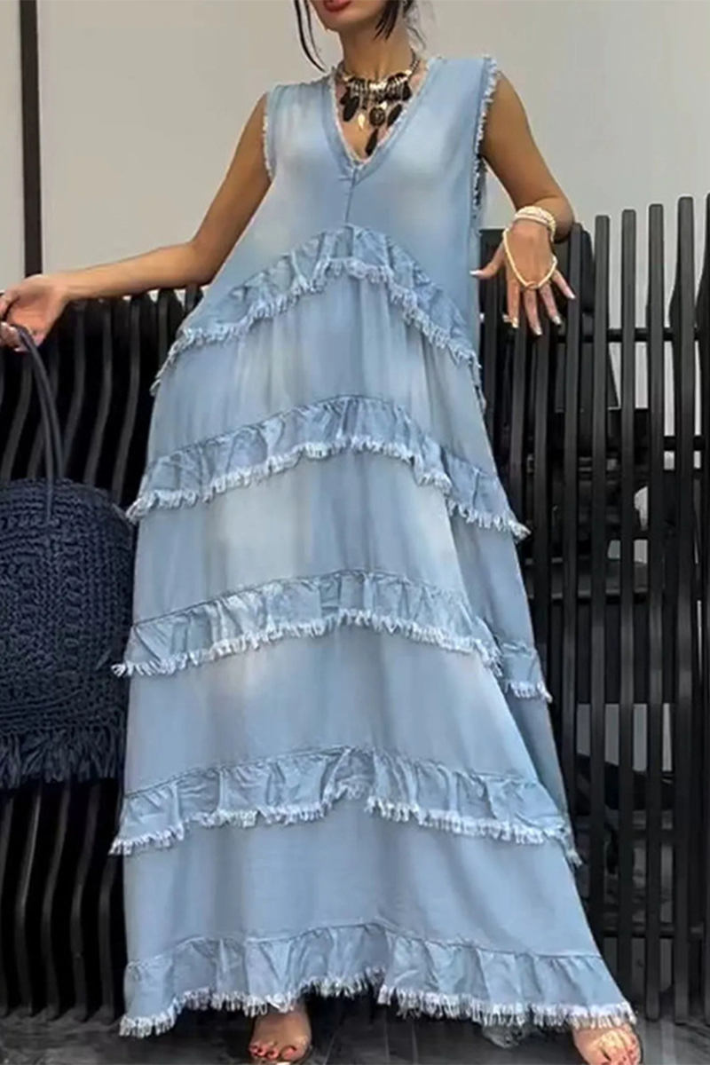 Ärmelloses Denim-Kleid V-Ausschnitt Rüsche Zerrissen //Weiß