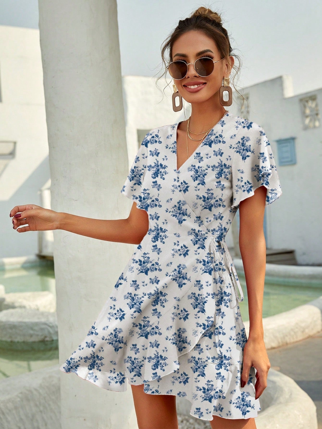 Rotes Wickelkleid mit Punkten Sommer Kurzkleid Damen Volants