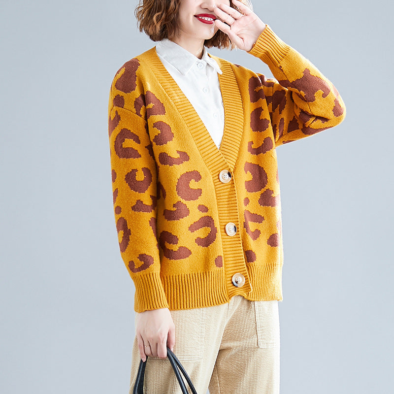 Damen Strickcardigan Leopardenmuster Knöpfe Beige