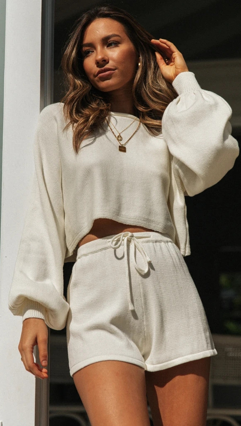 Damen Freizeit-Set Cropped Pullover und Shorts Norvielle