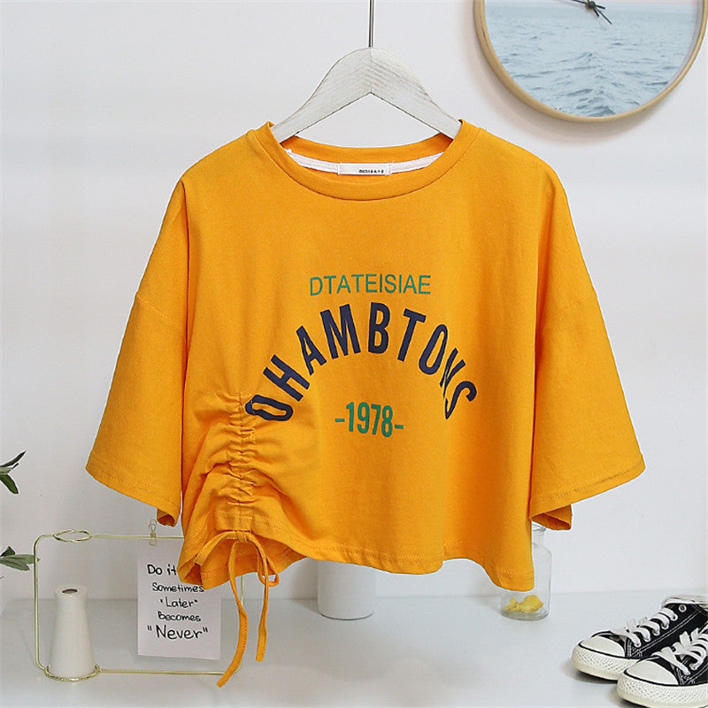 Damen Cropped T-Shirt Lässiger Kordelzug Weiß