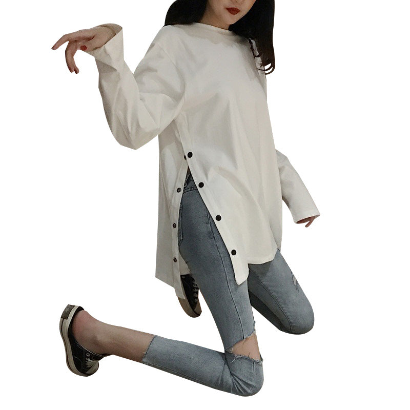 Damen Langarmshirt Asymmetrisch Dekorative Knöpfe