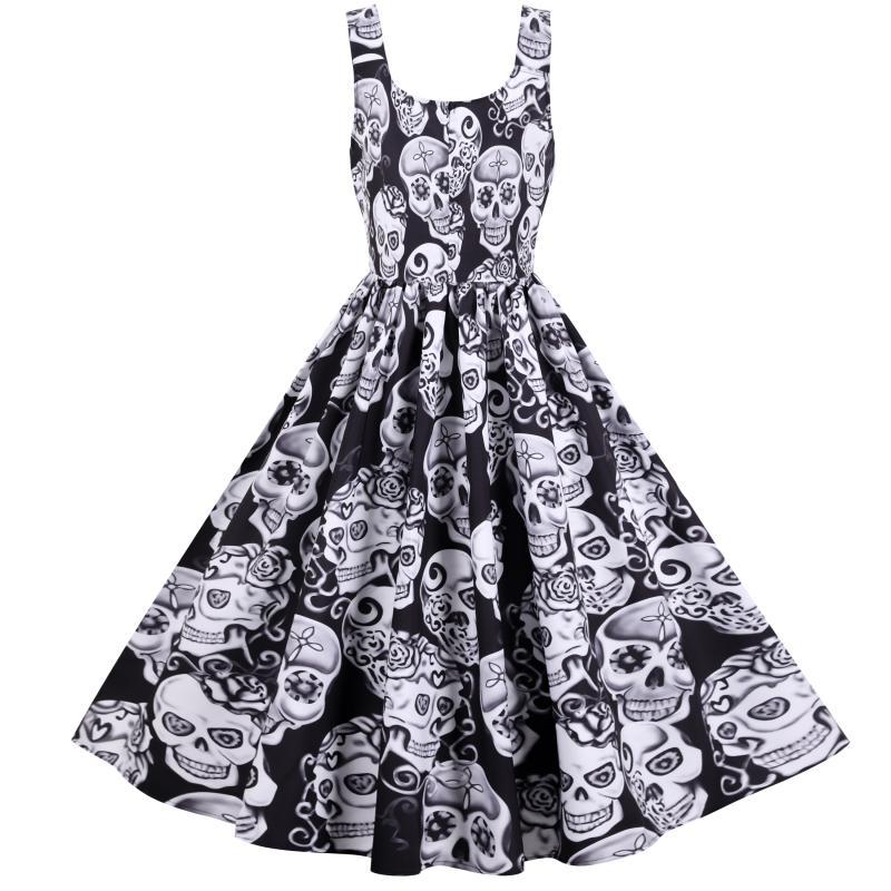 Damen Retro A-Linien Kleid mit Totenkopf-Design Voluminöser Rock