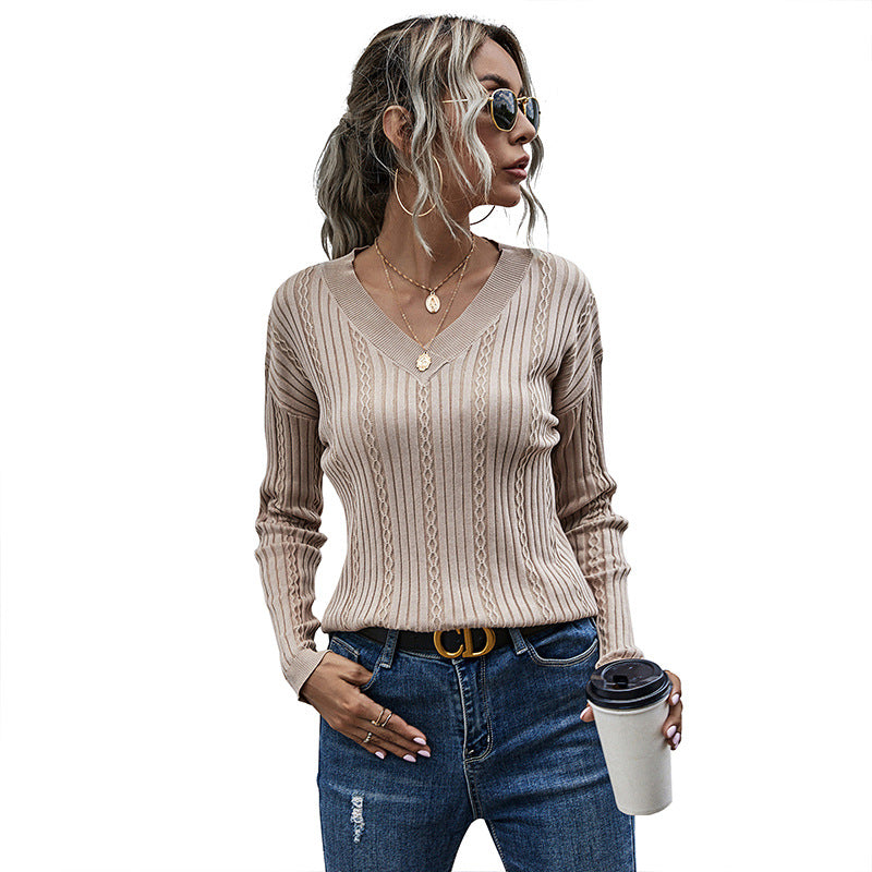 Damen Strickpullover V-Ausschnitt Rippenmuster Norvielle