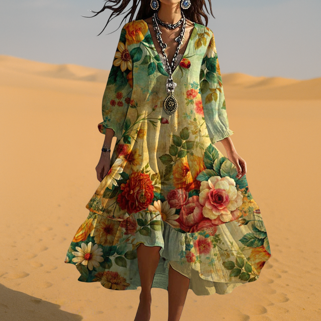 Damen Vintage Boho Sommerkleid V-Ausschnitt