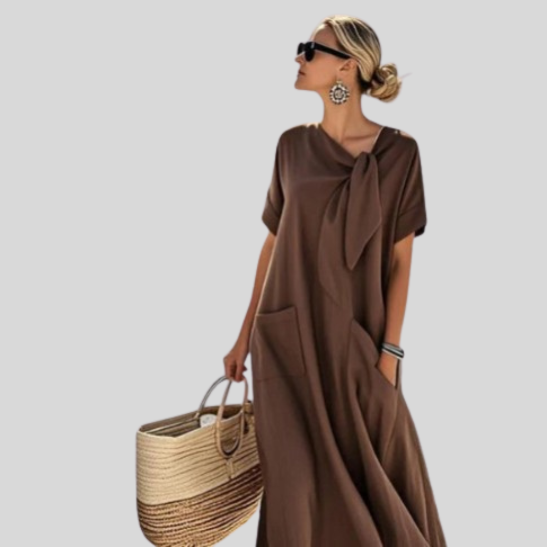 Damen Midi Kleid Mit Bindekragen Leicht Lockeres Design