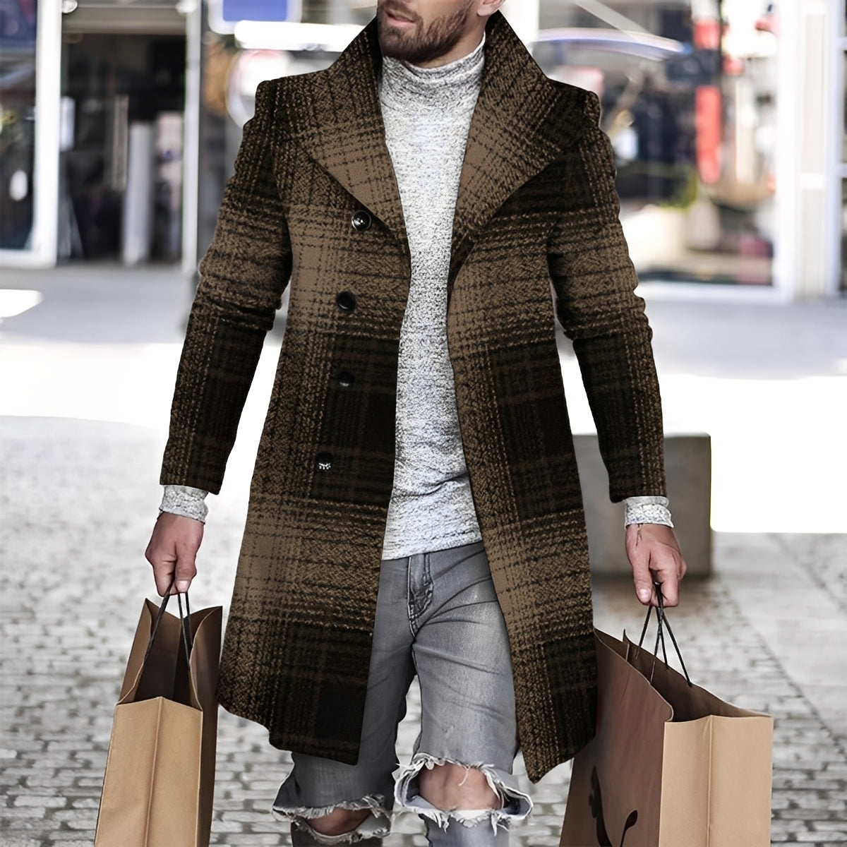 Herren Wollmantel Karomuster Terrystoff