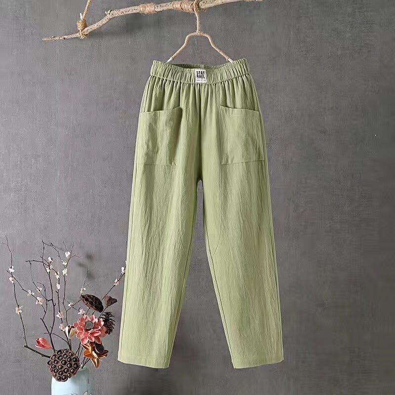 Lässige Damen Leinenhose Baumwoll Elastischer Bund Beige