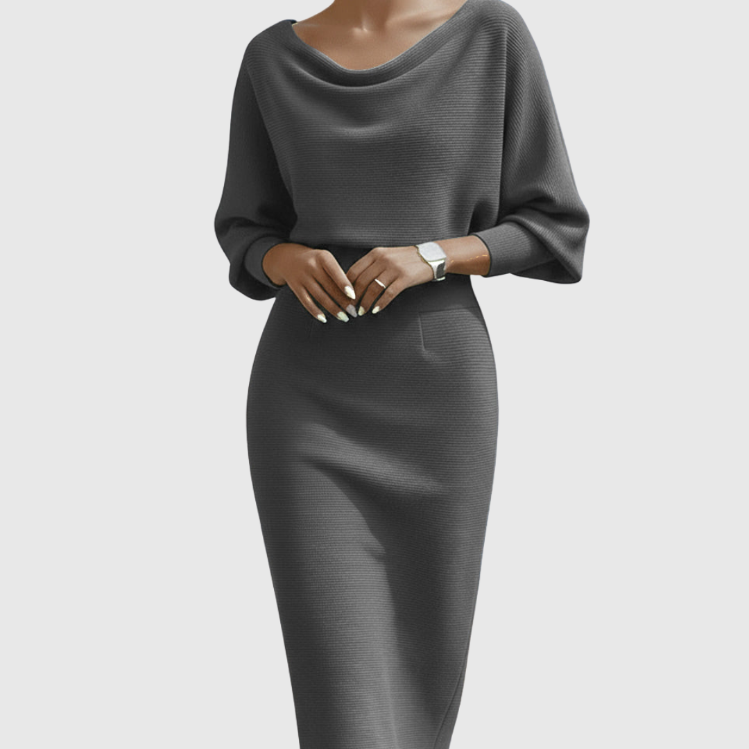 Damen Strick Midi Kleid Elegantes Drapiert