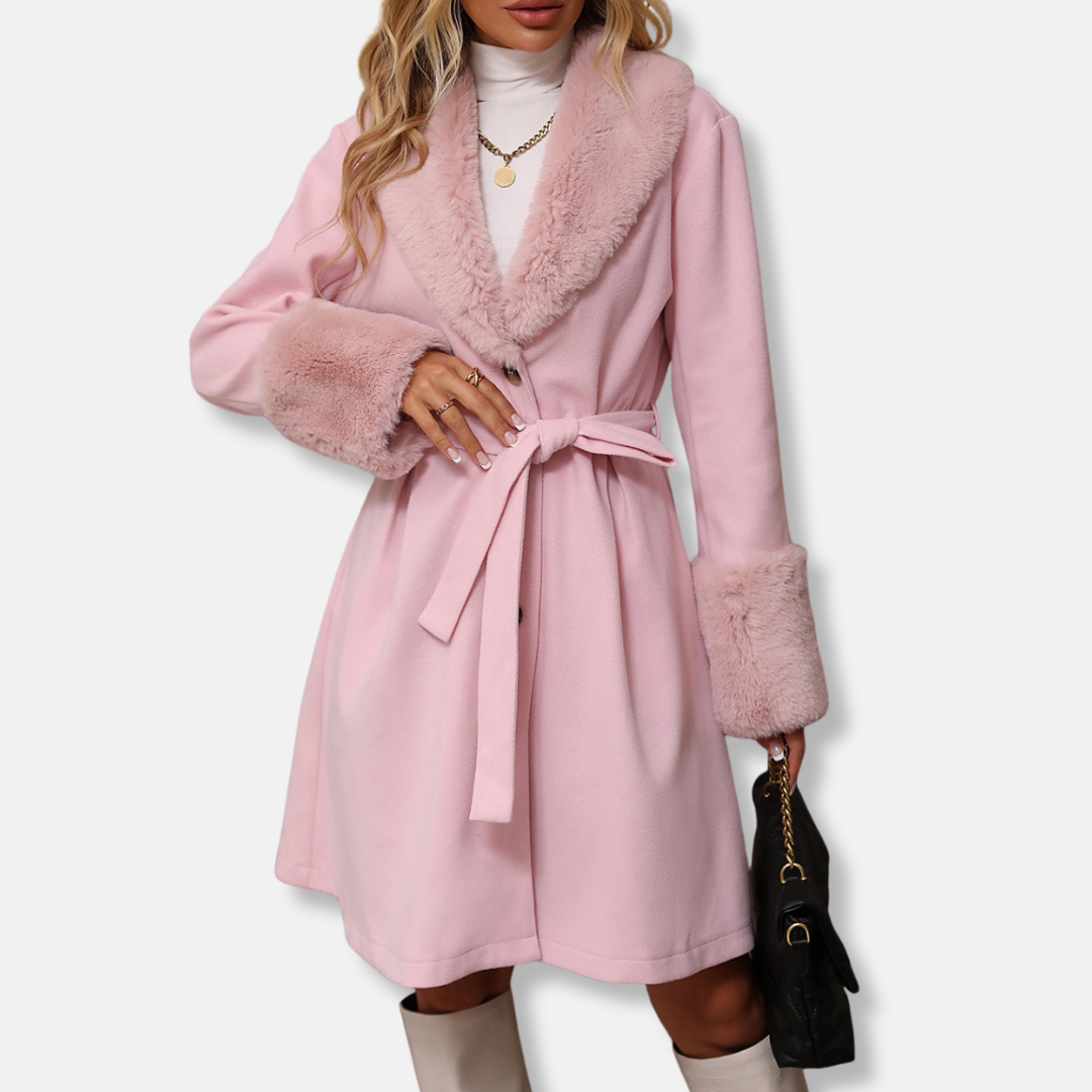 Damen Trenchcoat Mittellang Taillierte Passform Fellkragen