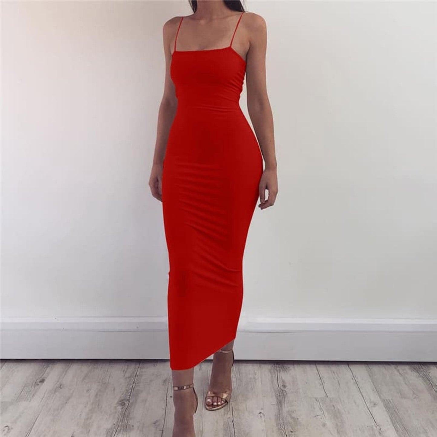 Damen Bodycon Kleid Midi Länge Spaghettiträger Elegant