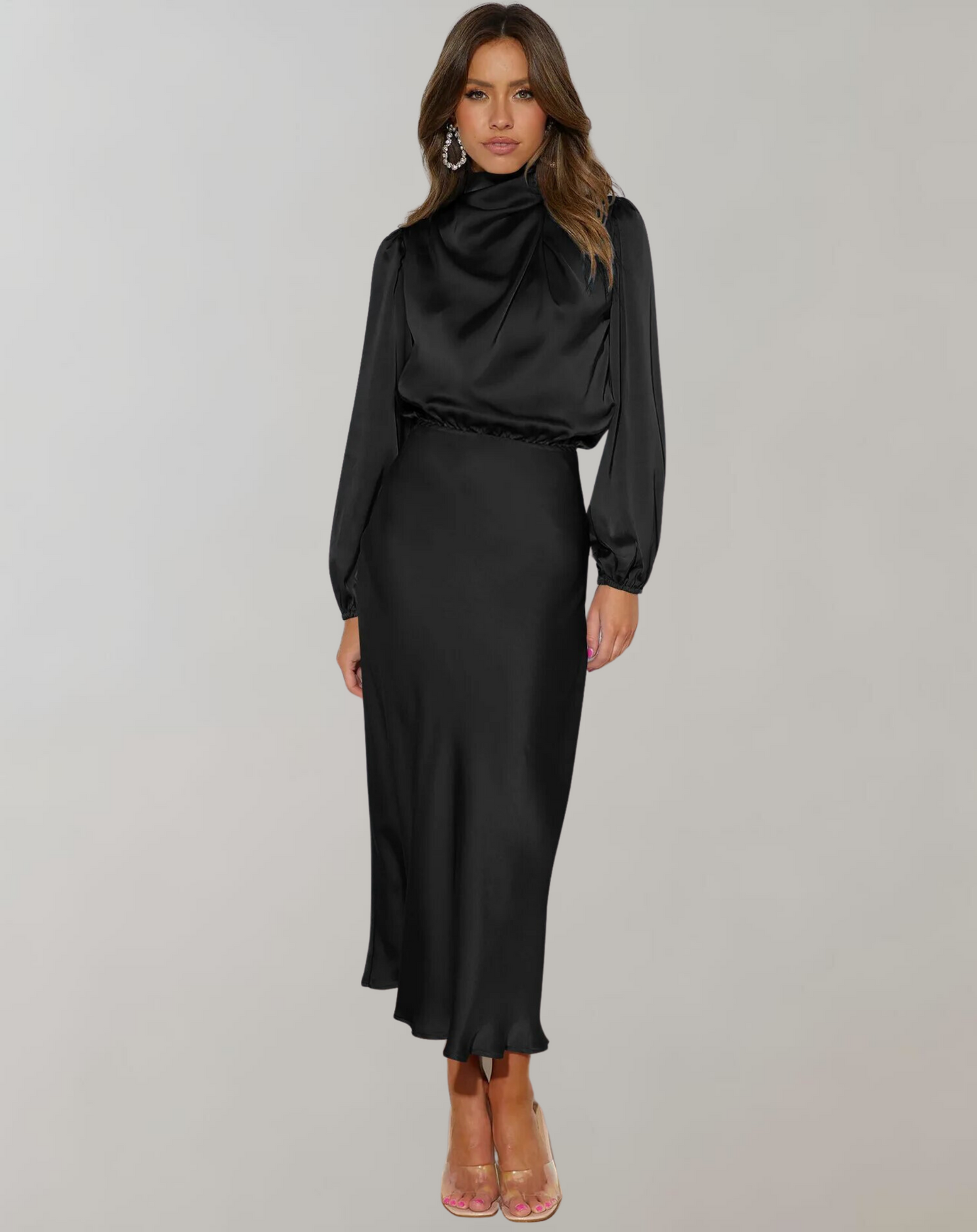 Elegantes Damenkleid aus Satin mit Langen Ärmeln