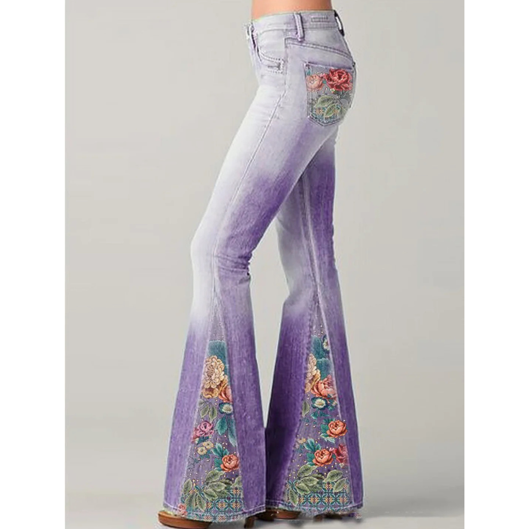 Damen Jeans Blumenstickerei Ausgestellte Bein