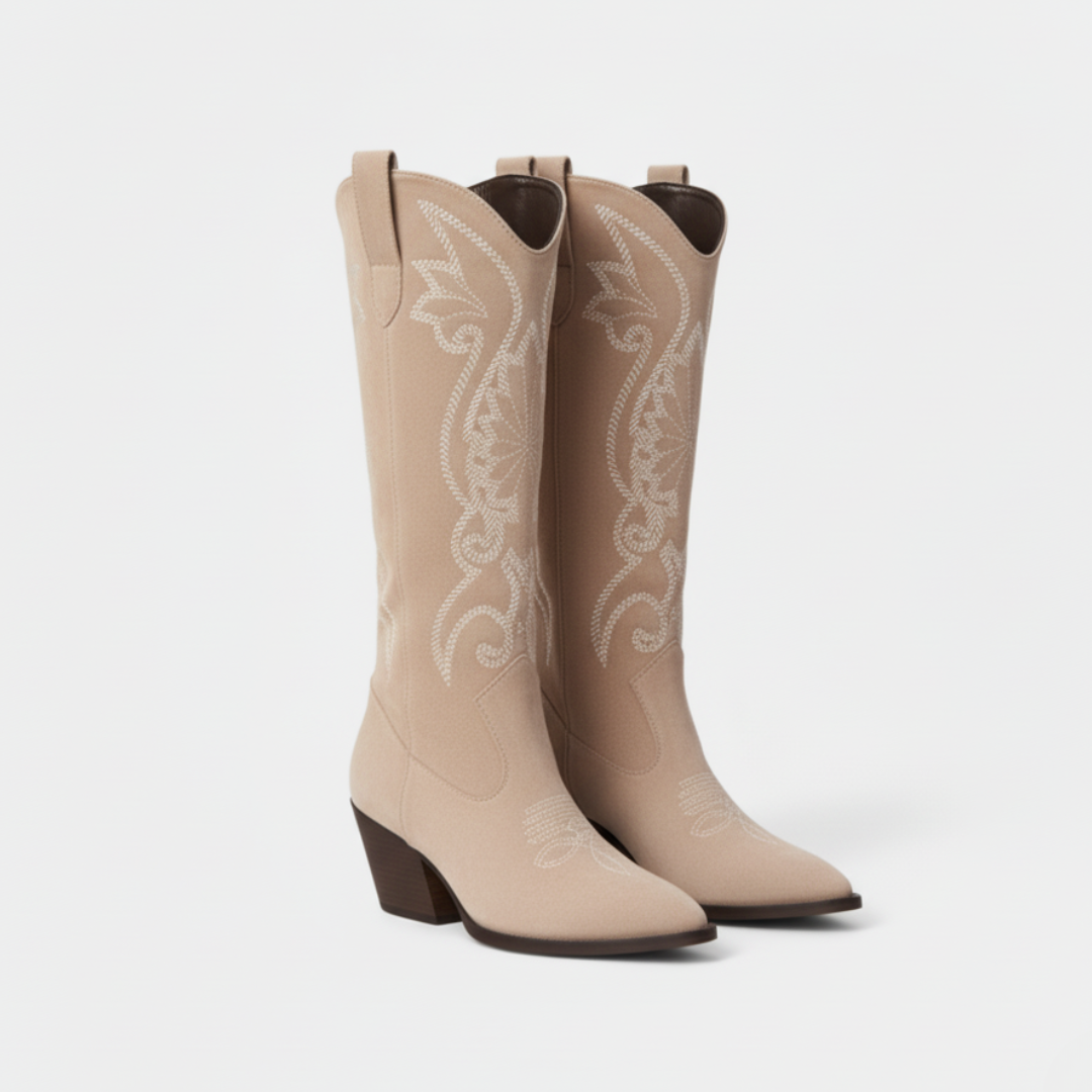 Damen Westernstiefel Kunstleder Knielang Bestickt Blockabsatz