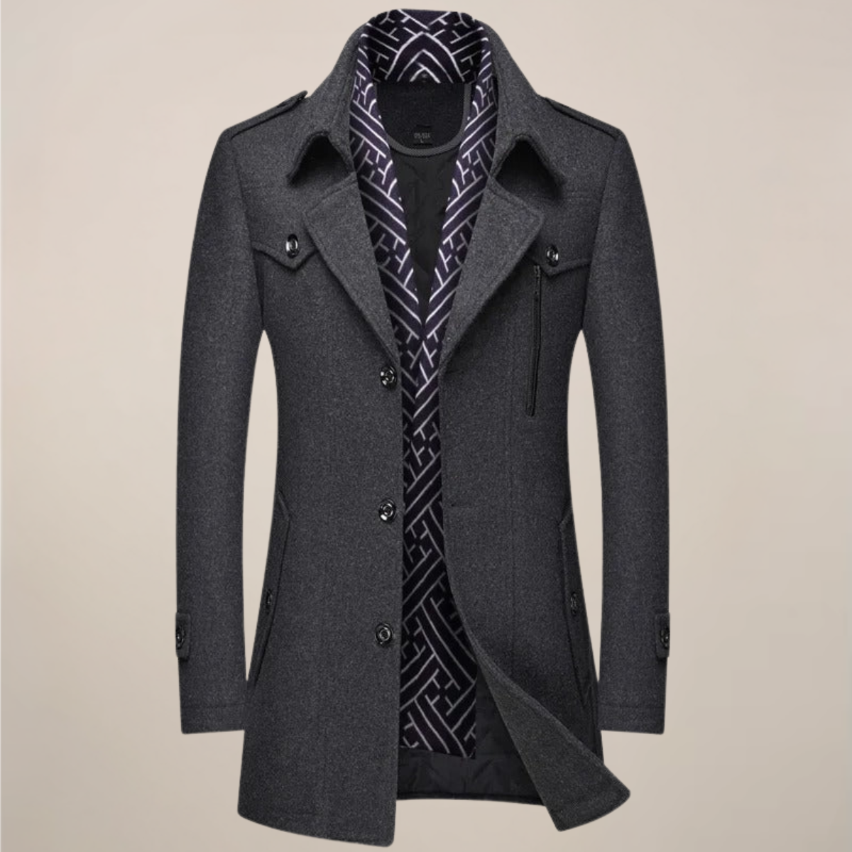 Herren Wintermantel Lang Knöpfe Maßgeschneiderter Woll-Look