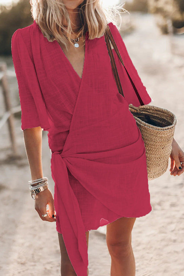 Damen Strandkleid Wickelausschnitt Leicht Sommerlich