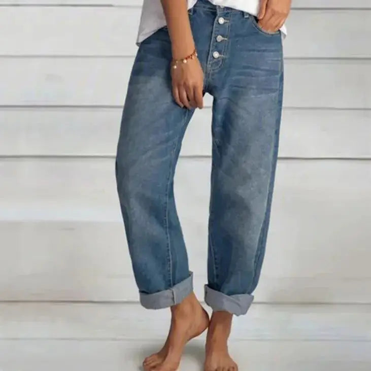 Damen Weite Jeans Mit Knopfleiste