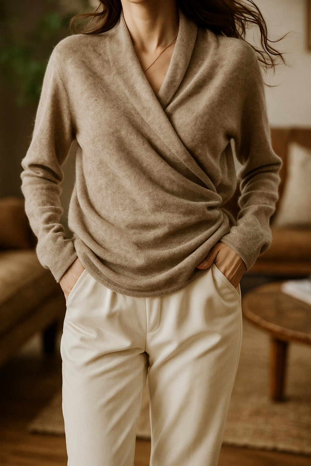 Damen Wickelpullover V-Ausschnitt Wollig Beige