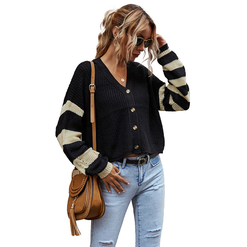 Damen Strickcardigan mit gestreiften Ärmeln und Knöpfen