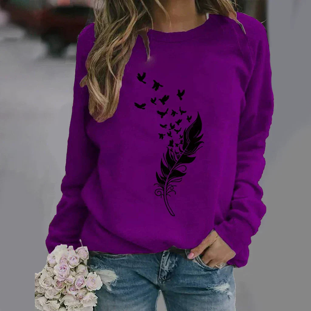 Damen Sweatshirt Baumwollmischung Locker Rundhals Grau