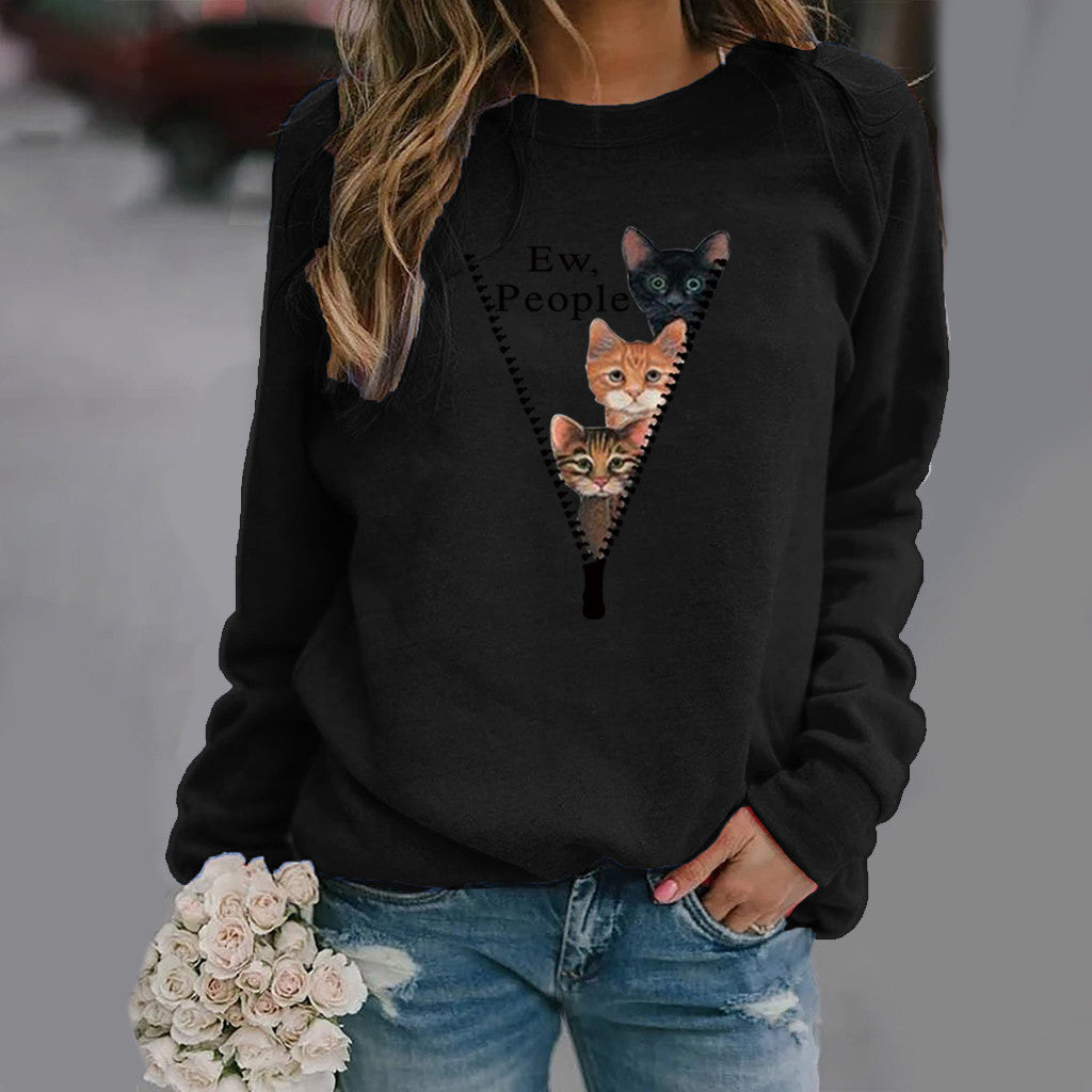 Damen Sweatshirt Rundhals Weicher Baumwollmix Katzen Motiv Beige