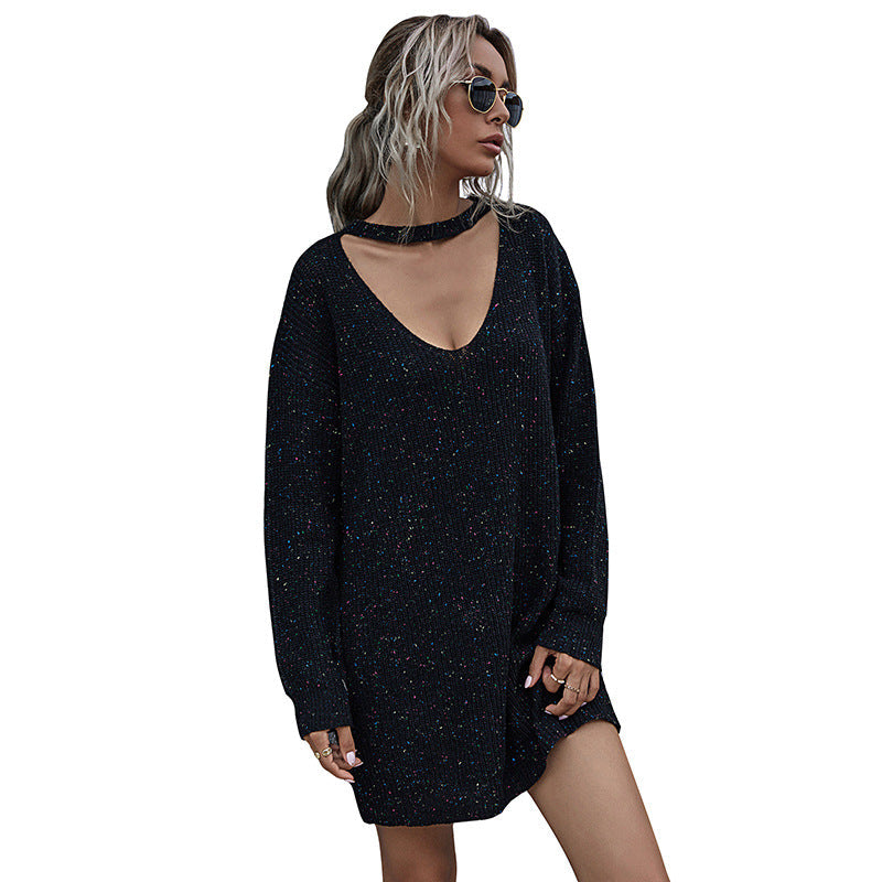 Damen Strickkleid V-Ausschnitt Modischer Gürtel Norvielle
