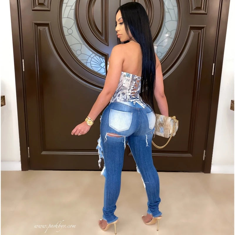 Damen Skinny Jeans Destroyed High Waist