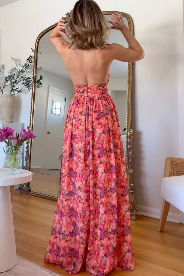 Damen Ärmelloses Maxikleid mit Neckholder und Sommerblumenprint