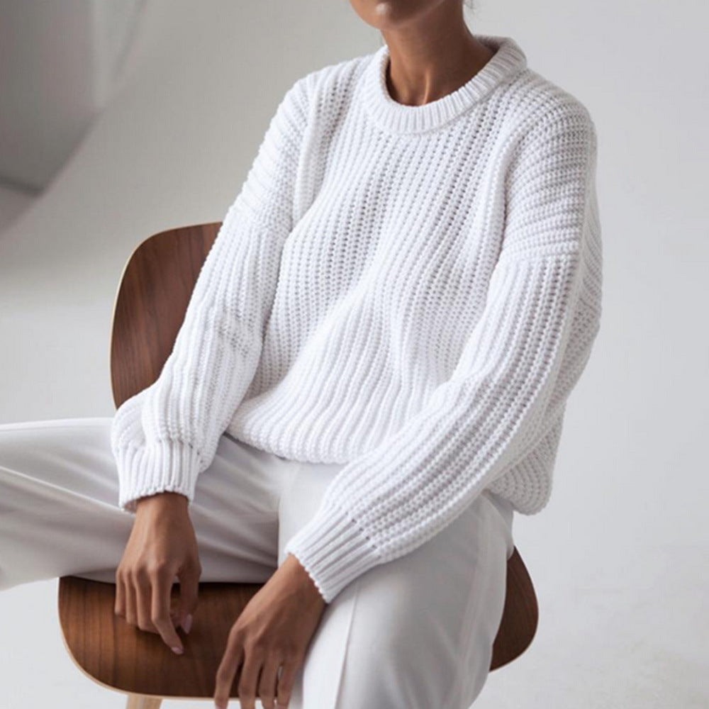 Damen Grobstrickpullover Weite Ärmel Rundhalsausschnitt Norvielle