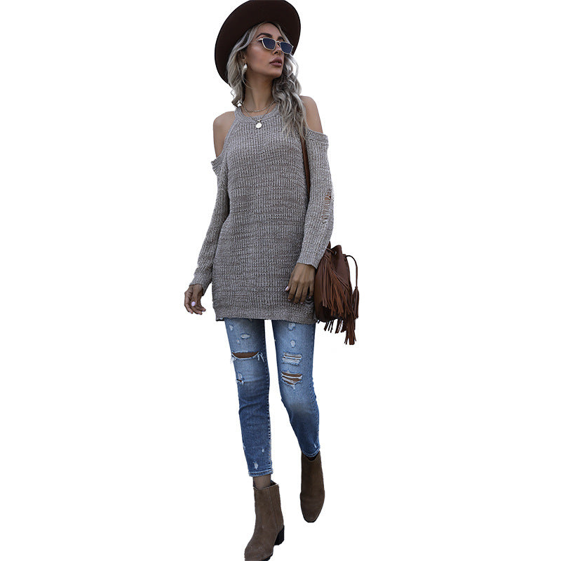 Damen Off-Shoulder Pullover Luftiger Strick Beige