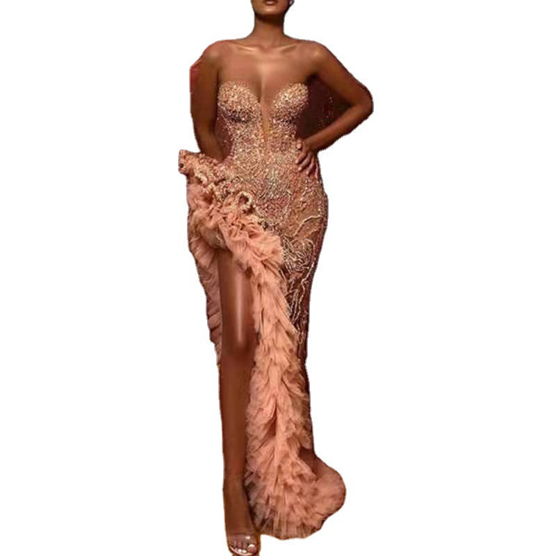 Damen Paillettenabendkleid mit Rüschendetails und tiefem Schlitz