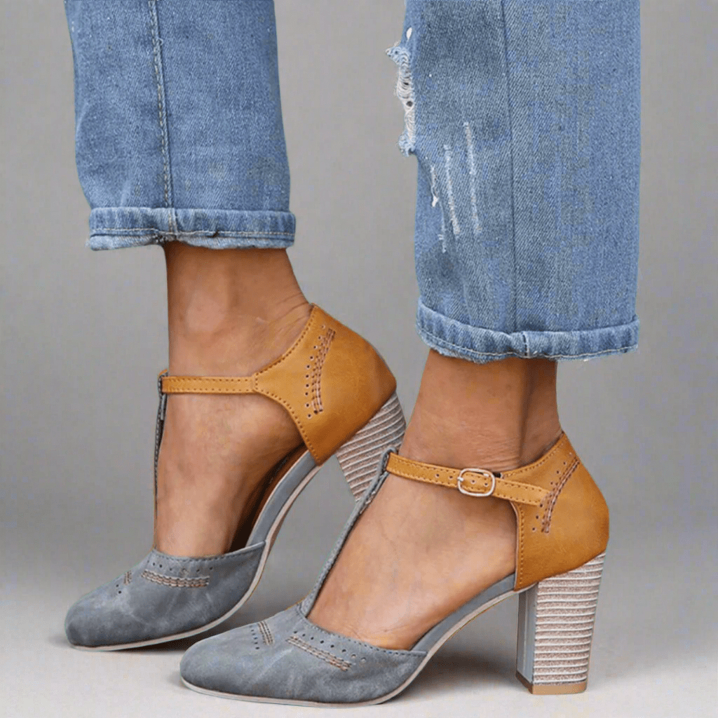 Damen Kleiderschuhe mit T-Riemen und Blockabsatz