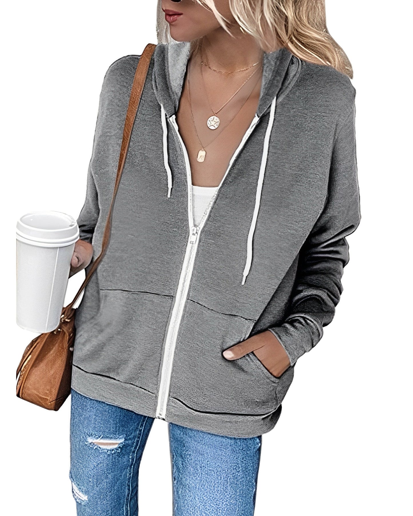 Damen Leichter Kapuzenpulli Mit Reißverschluss Und Taschen