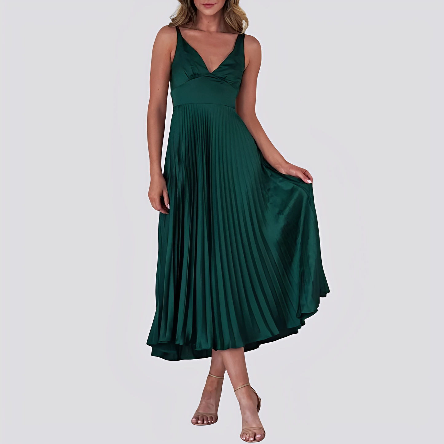 Damen Maxikleid Plissee V-Ausschnitt Elegantes