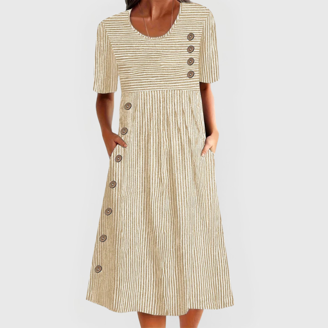 Damen A-Linien Midikleid Baumwolle Streifen