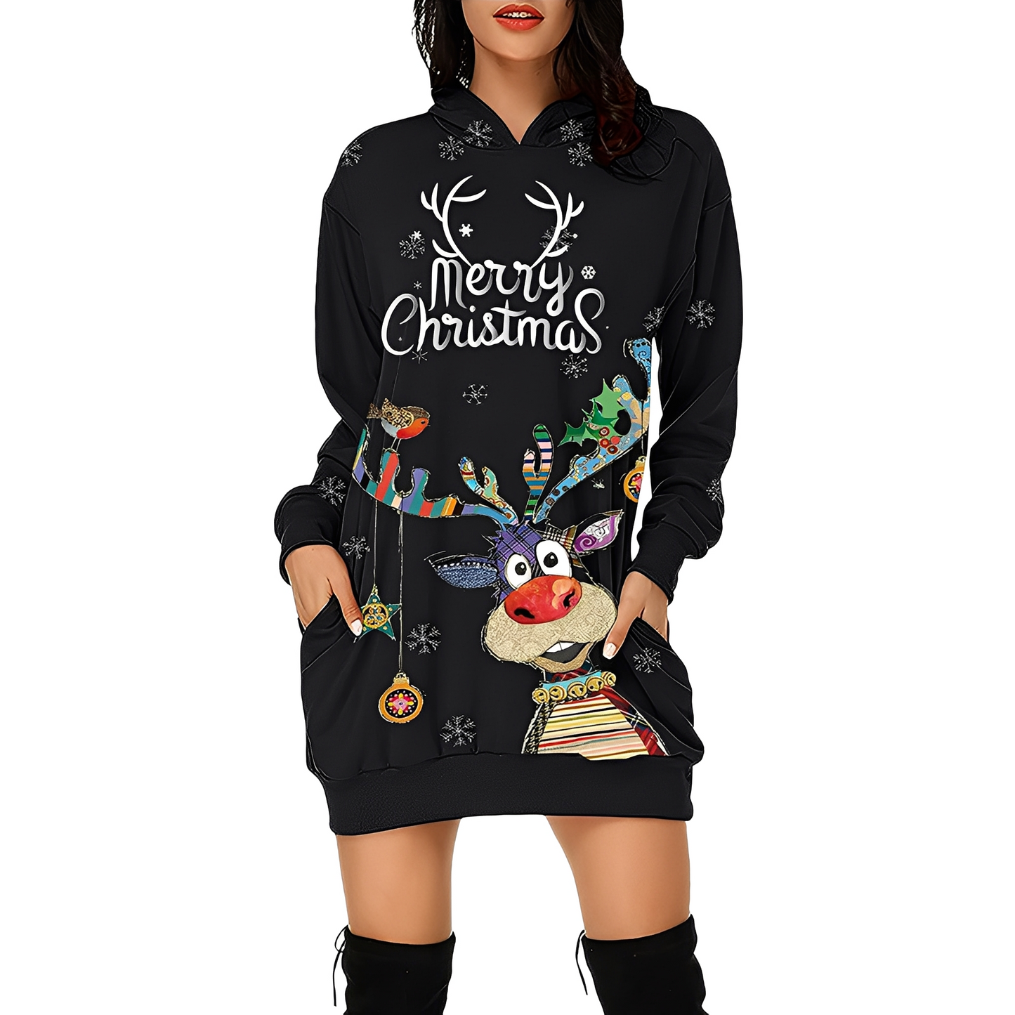 Damen Weihnachtskleid Kapuze Print
