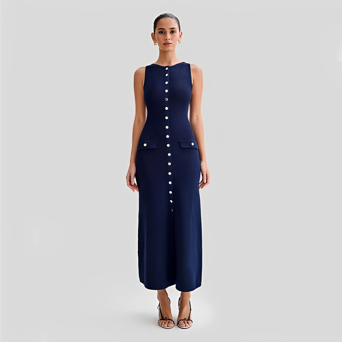 Damen Midikleid Lang Knöpfe Elegantes