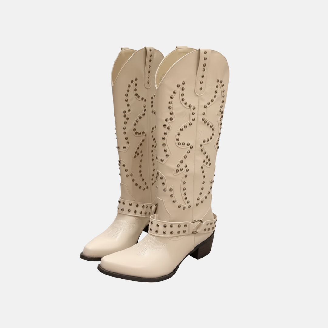 Damen Stiefel Kunstleder Knielang Spitz Zehe Nieten Detail