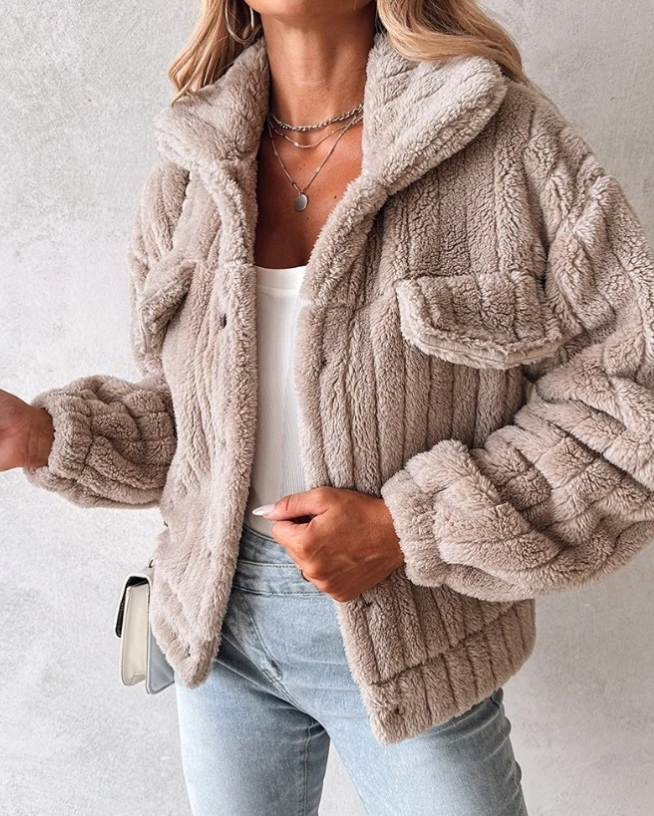 Damen Teddyjacke Kurz Reverskragen Kuschelig