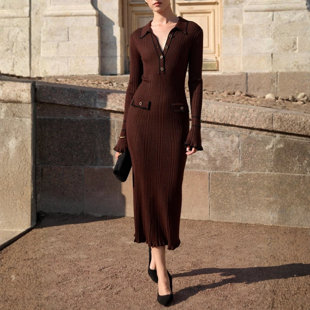 Damen Strick Midi Kleid Gerippt Vorne Knöpfe Beige