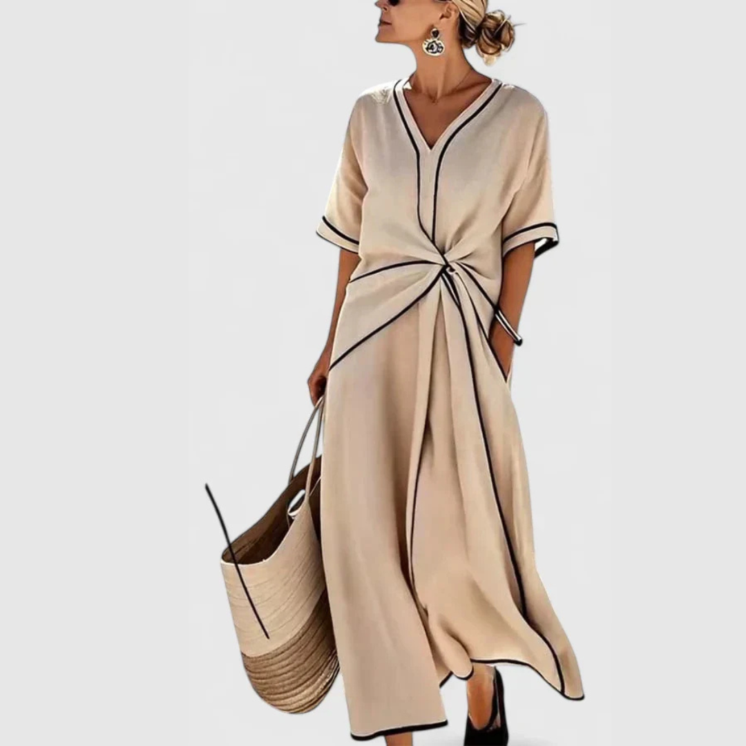 Damen Midi Kleid V-Ausschnitt Bindegürtel