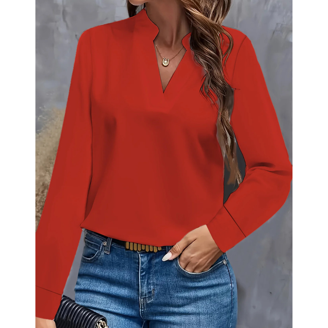 Damen Langarmbluse V-Ausschnitt Elegantes Design Weiß